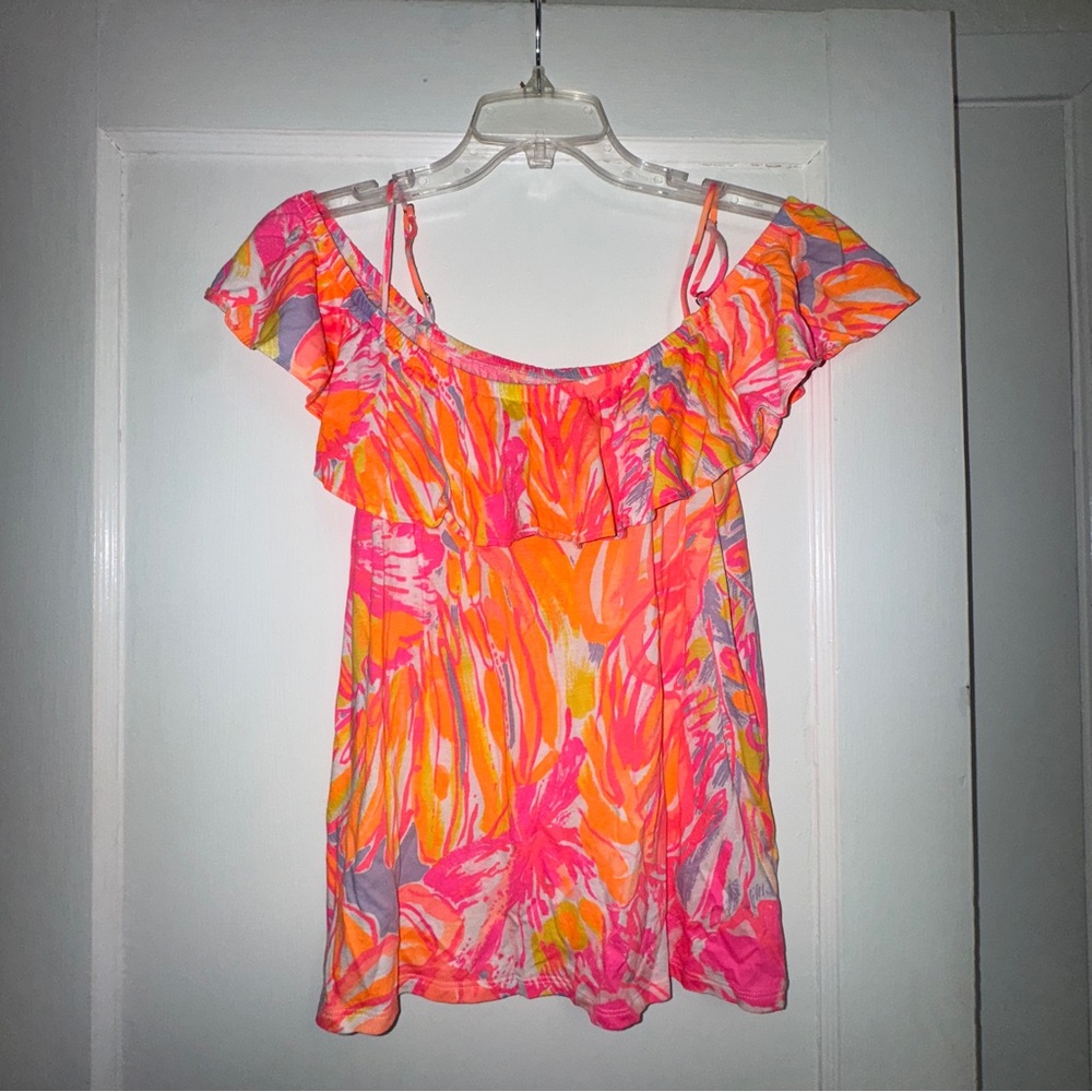 Lilly Pulitzer Pink and Orange Flutter Sleeve Ruffled Blouse